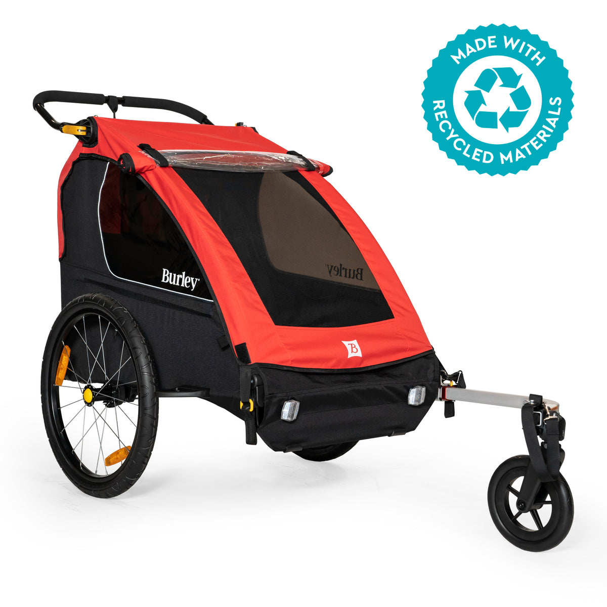 A red and black Honey Bee bike trailer-stroller hybrid with yellow accents, made from recycled materials, designed for biking and strolling with two kids.
