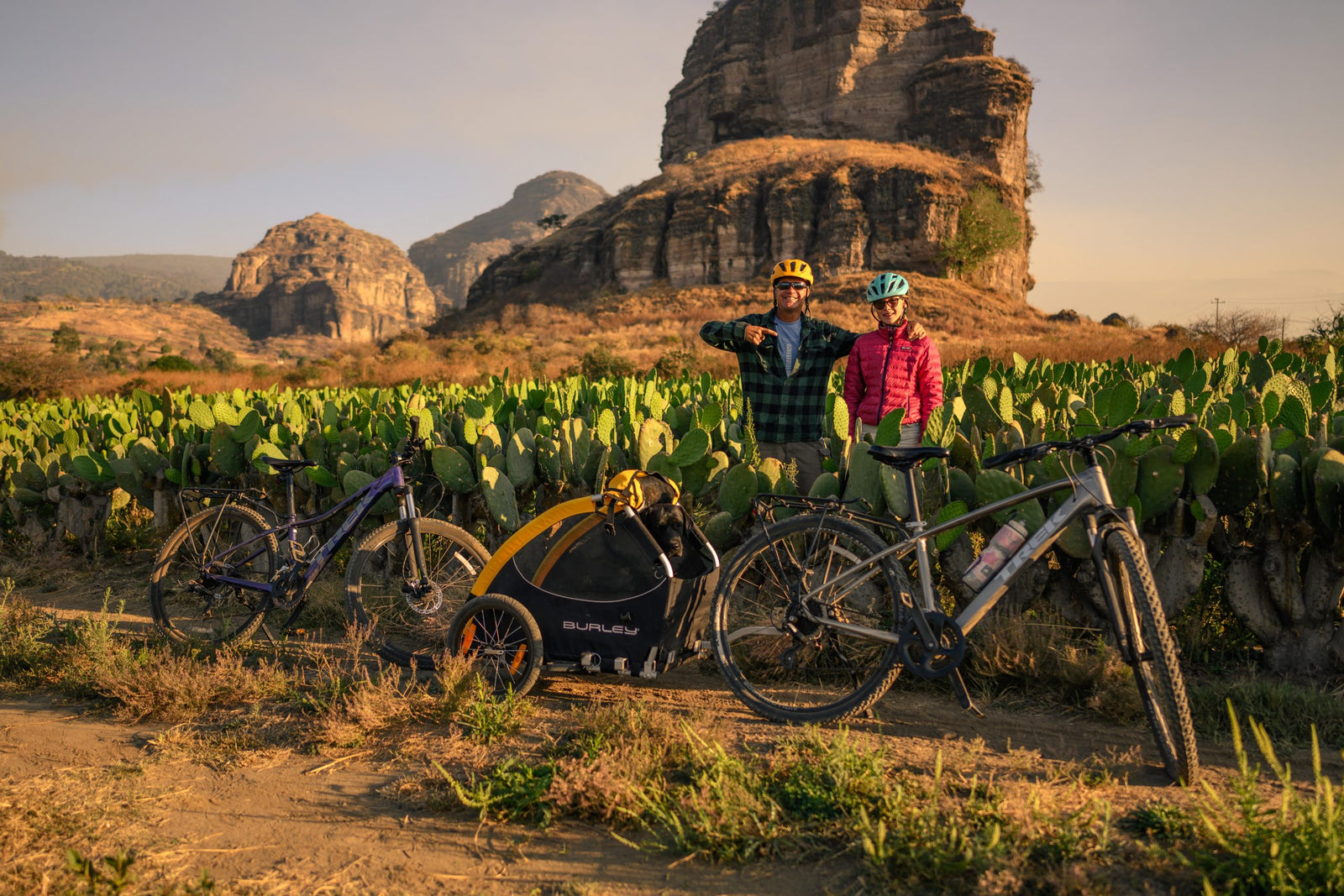 man and teen daughter standing in front of cactus field with bicycle and dog in dog bike trailer