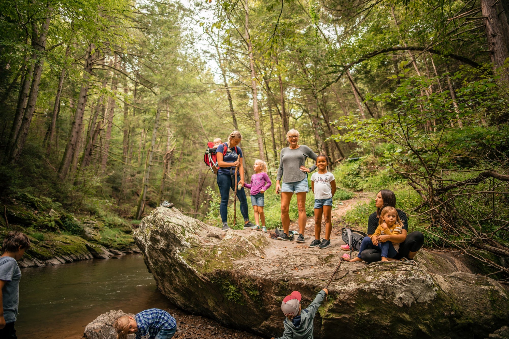 moms and children standing on a large rock in the woods