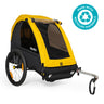 A yellow and black Burley Bee bike trailer for children with UV-protected windows, front and rear reflectors, and a 5-point harness. The trailer has a hitching system and is made with post-consumer recycled fabric.