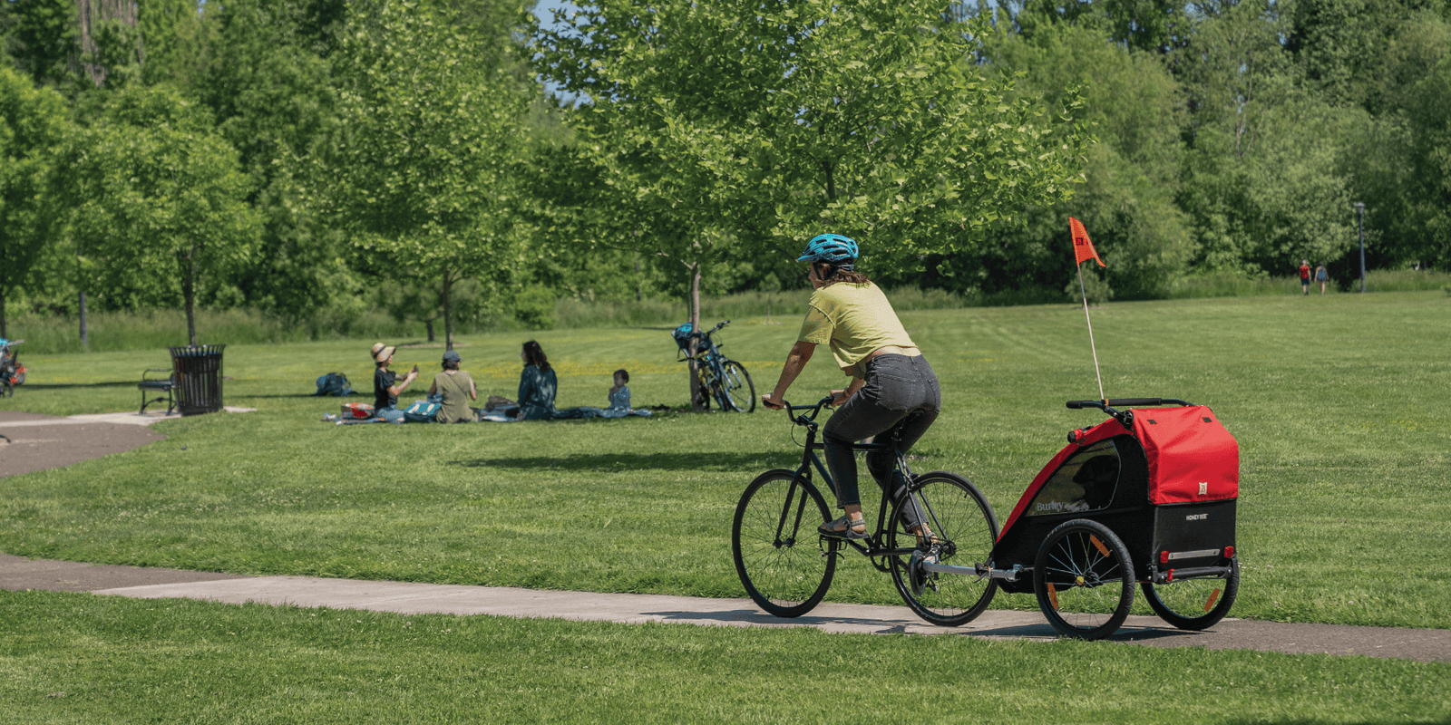 Parent biking with Burley Honey Bee at a park