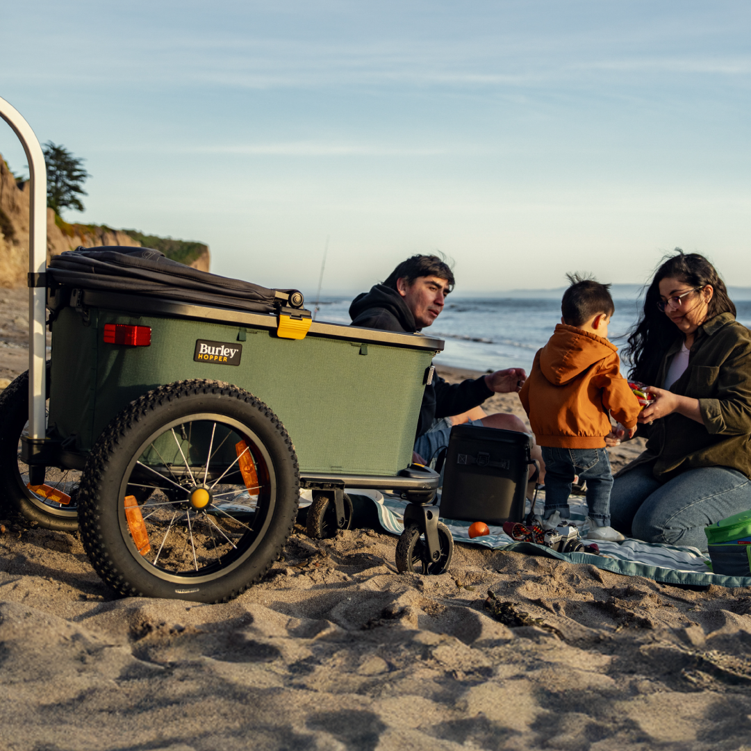 Family sitting by a Hopper Bike Trailer & Cargo Wagon on a beach with ocean waves in the background