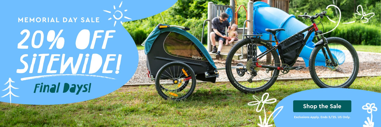 "Memorial Day Sale: 20% Off Sitewide, Final Days!" written on photo of bicycle with trailer and playground in the background.