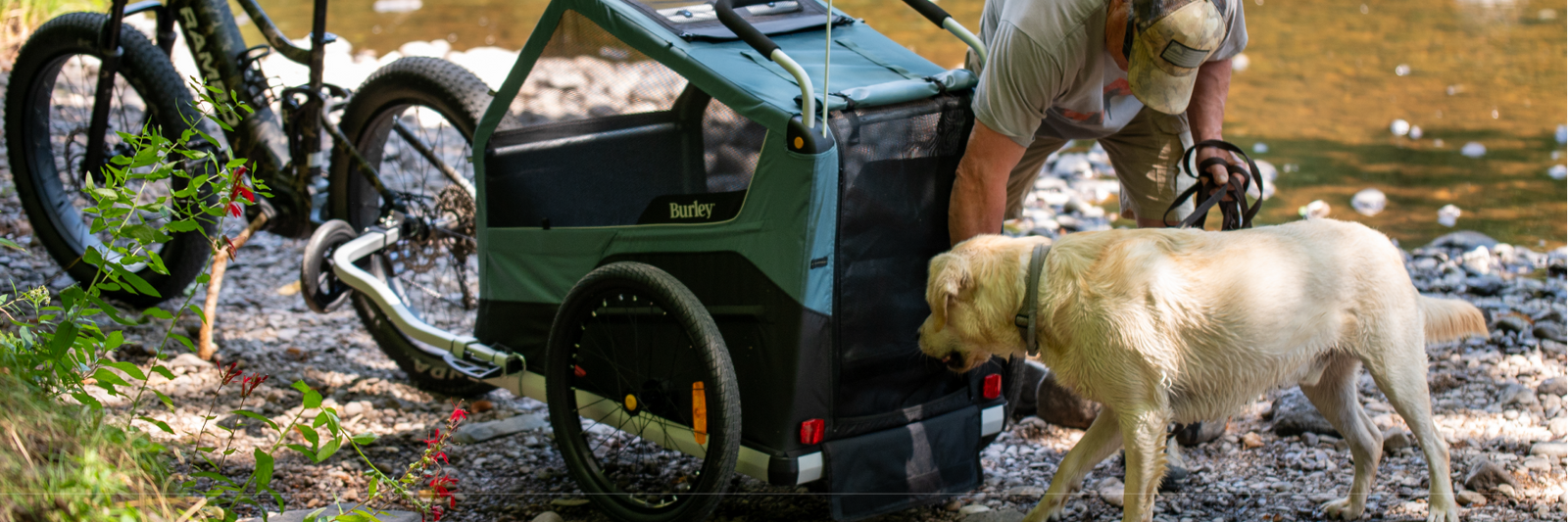 Person with a dog and Bark Ranger trailer next to creek